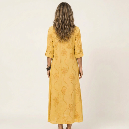Mariam | Vestido maxi de algodón-lino con bordado floral a tono
