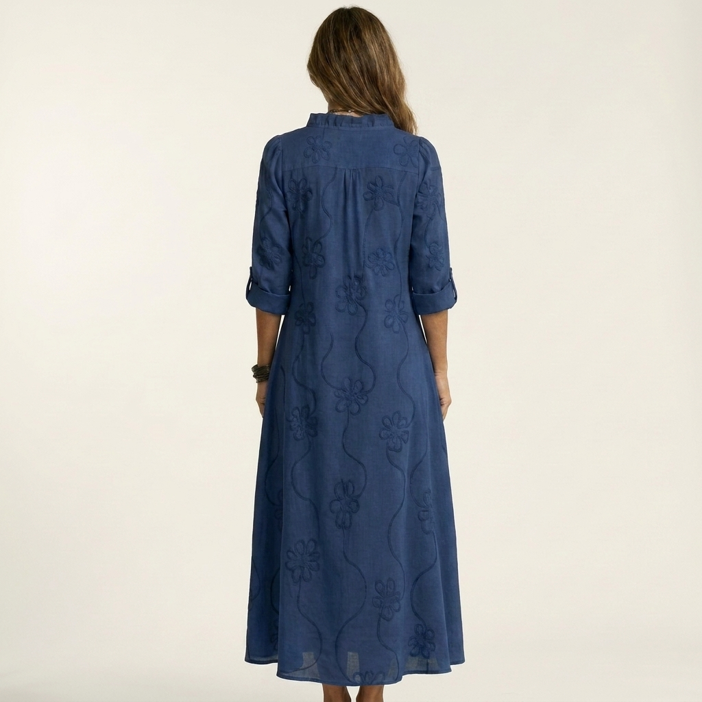 Mariam | Vestido maxi de algodón-lino con bordado floral a tono