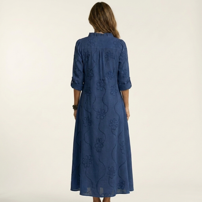 Mariam | Vestido maxi de algodón-lino con bordado floral a tono