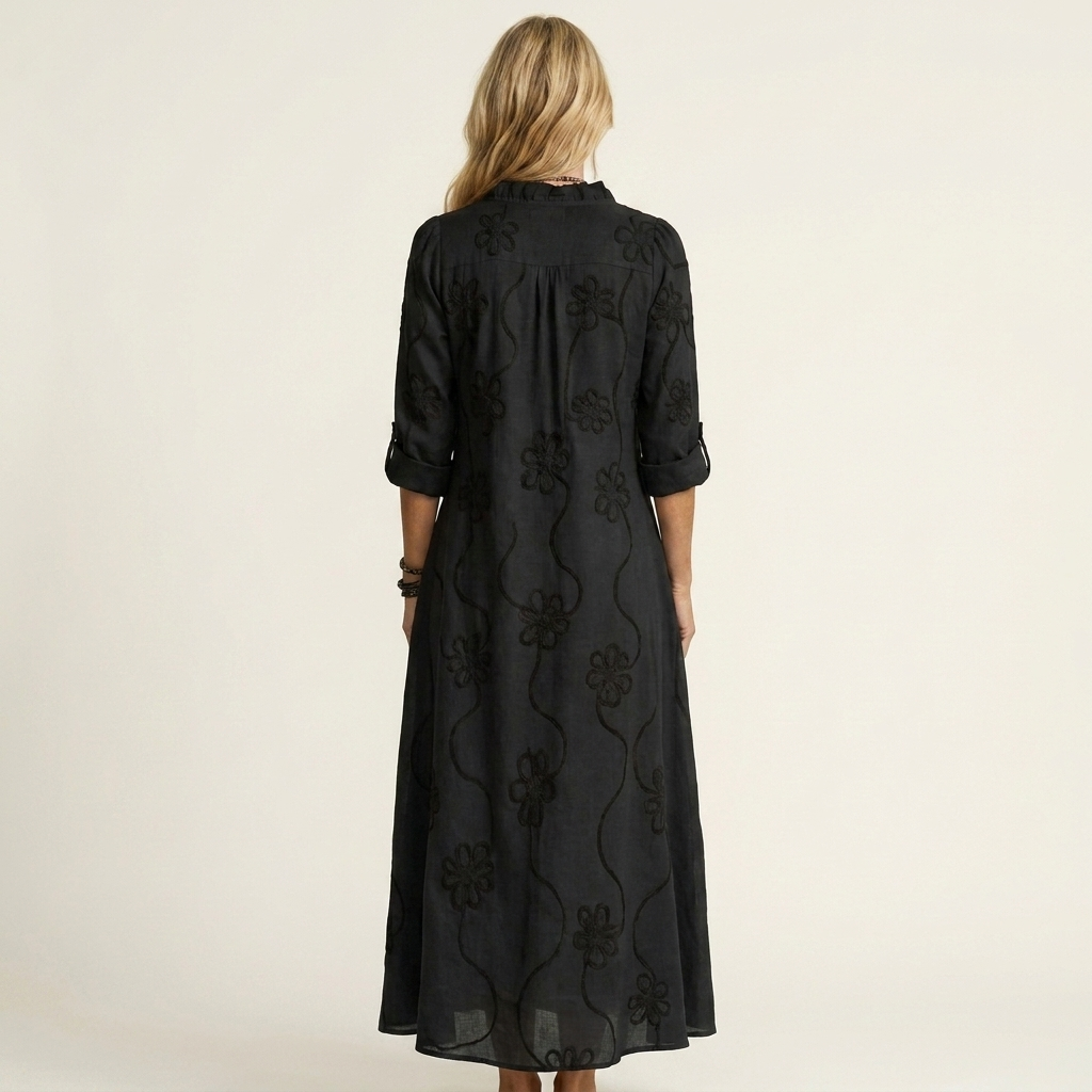 Mariam | Vestido maxi de algodón-lino con bordado floral a tono