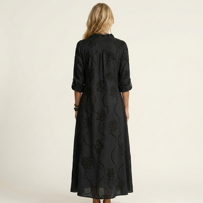 Mariam | Vestido maxi de algodón-lino con bordado floral a tono