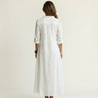 Mariam | Vestido maxi de algodón-lino con bordado floral a tono