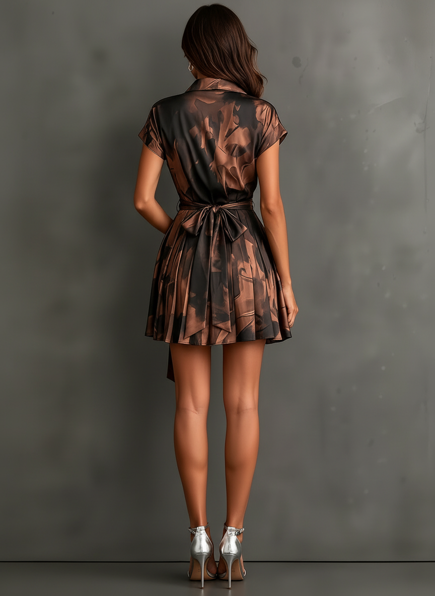 Chiara | Mini-robe portefeuille à imprimé abstrait, marron