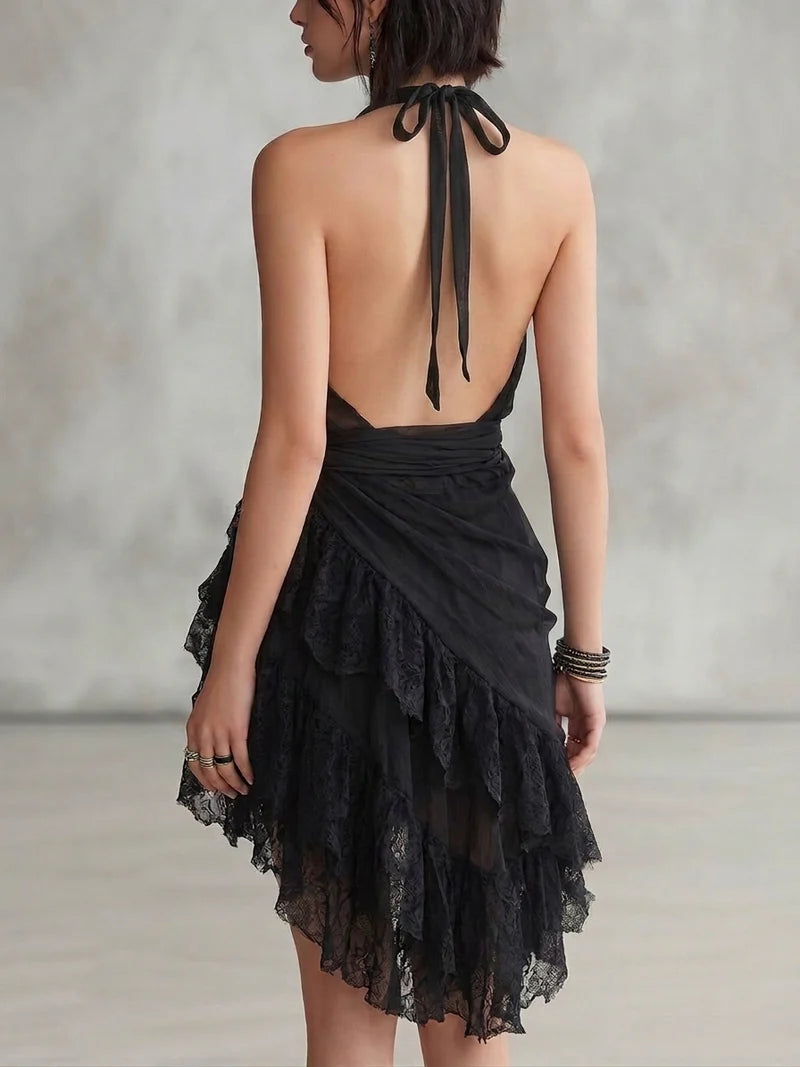 TECTITA™ | Vestido Mini Halter con Volante Asimétrico de Encaje