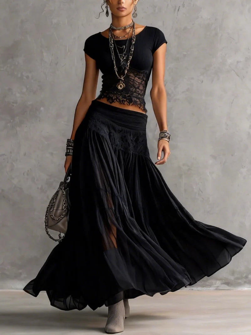 ÓNIX™ | Conjunto de Top de Encaje y Falda Maxi Fluida