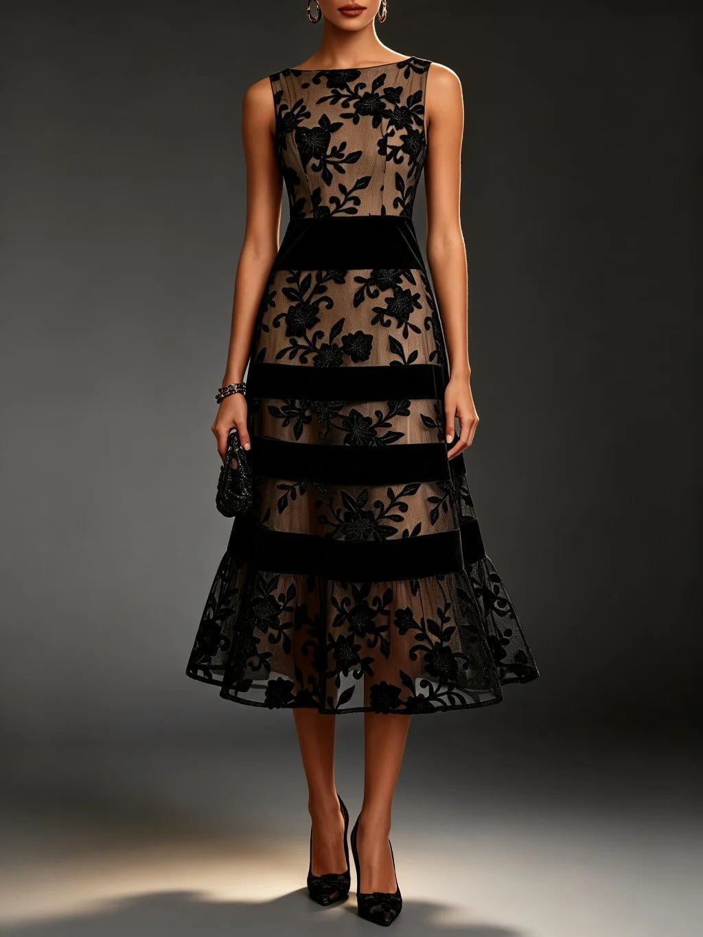 Robe midi Odette en tulle brodé à motifs floraux