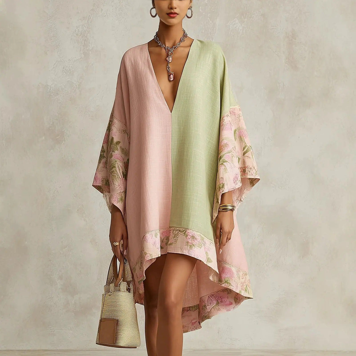 Robe bohème fleurie Jimena avec manches chauve-souris et col en V