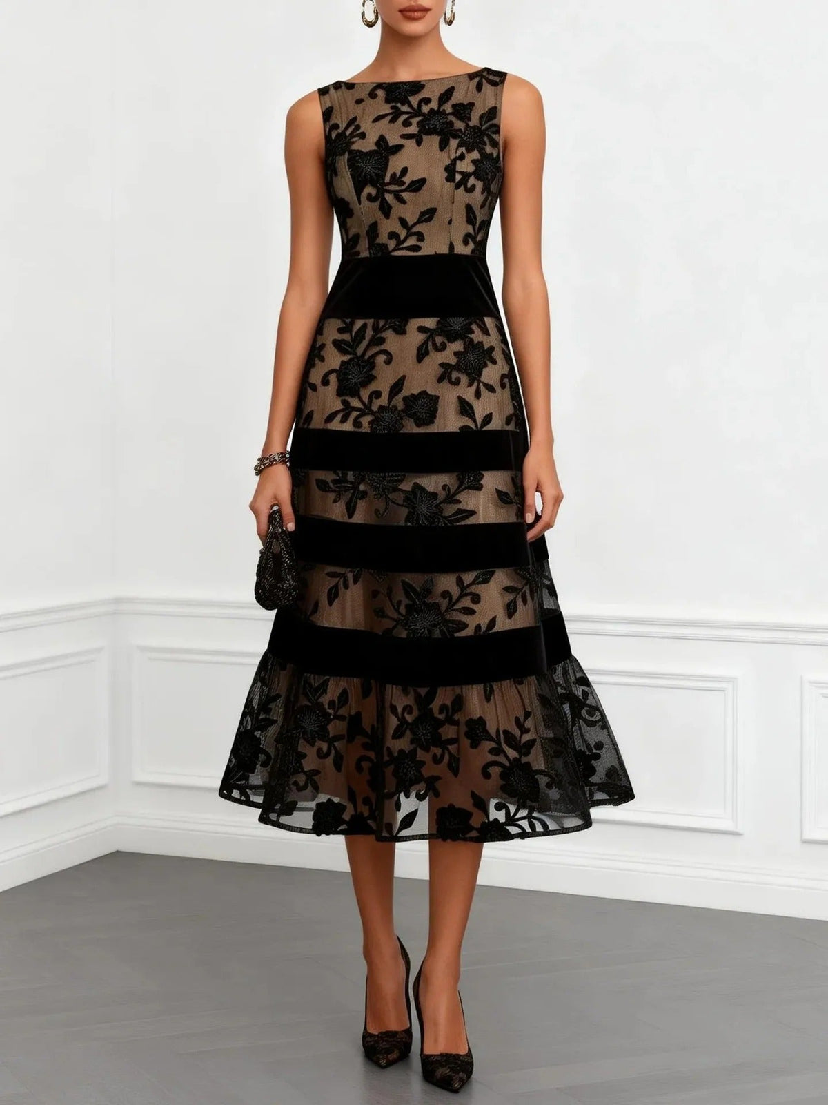 Robe midi Odette en tulle brodé à motifs floraux