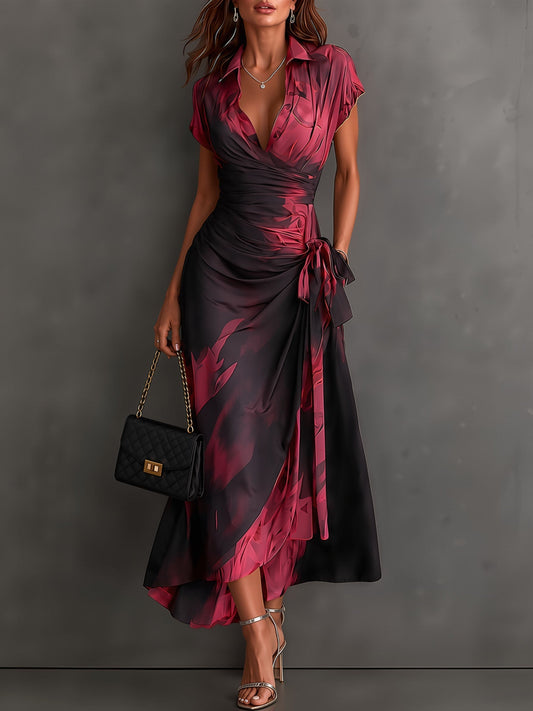 Beatrice | Robe portefeuille midi à imprimé abstrait, bordeaux