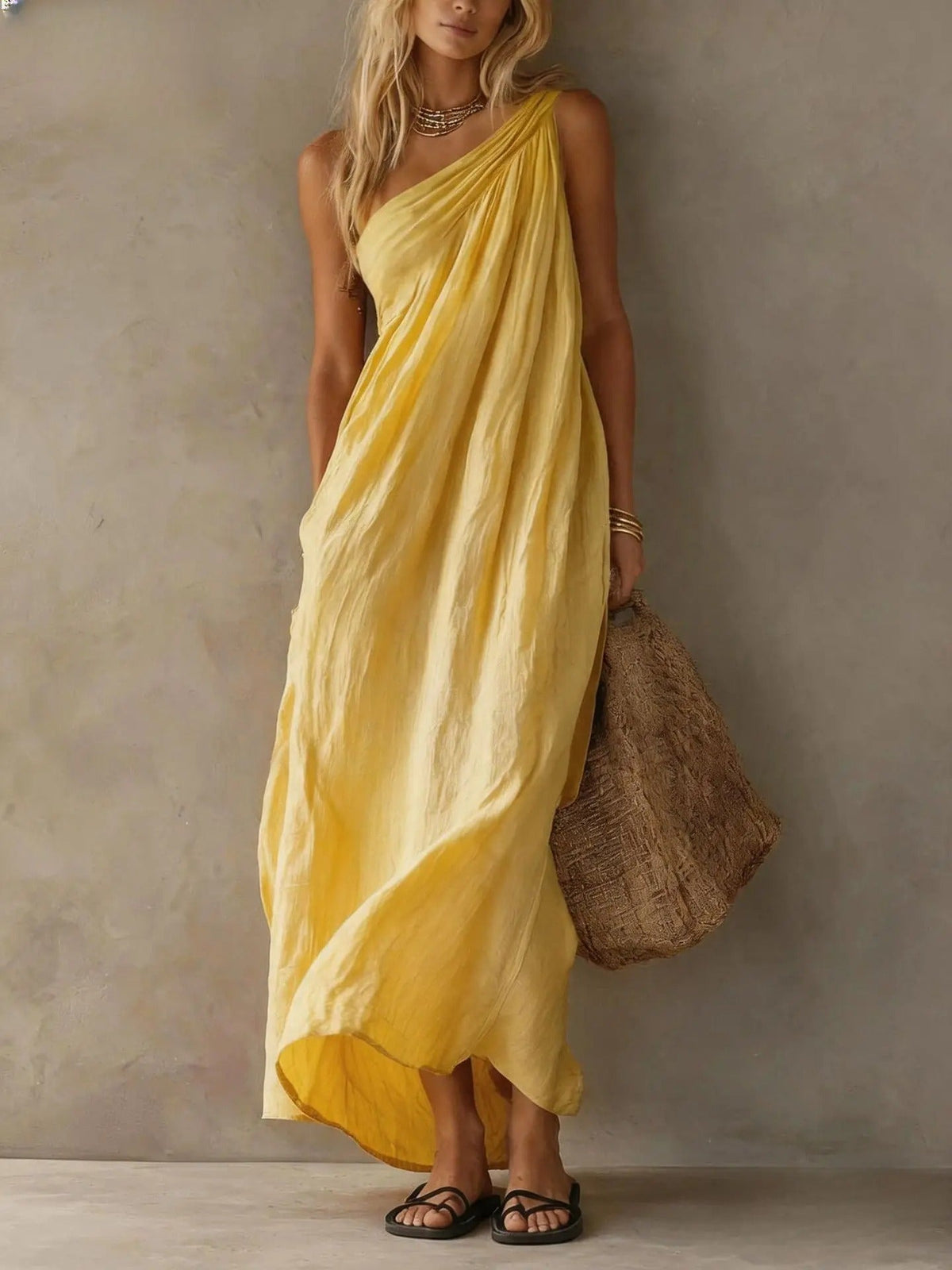 Robe longue asymétrique Adriana à effet lin